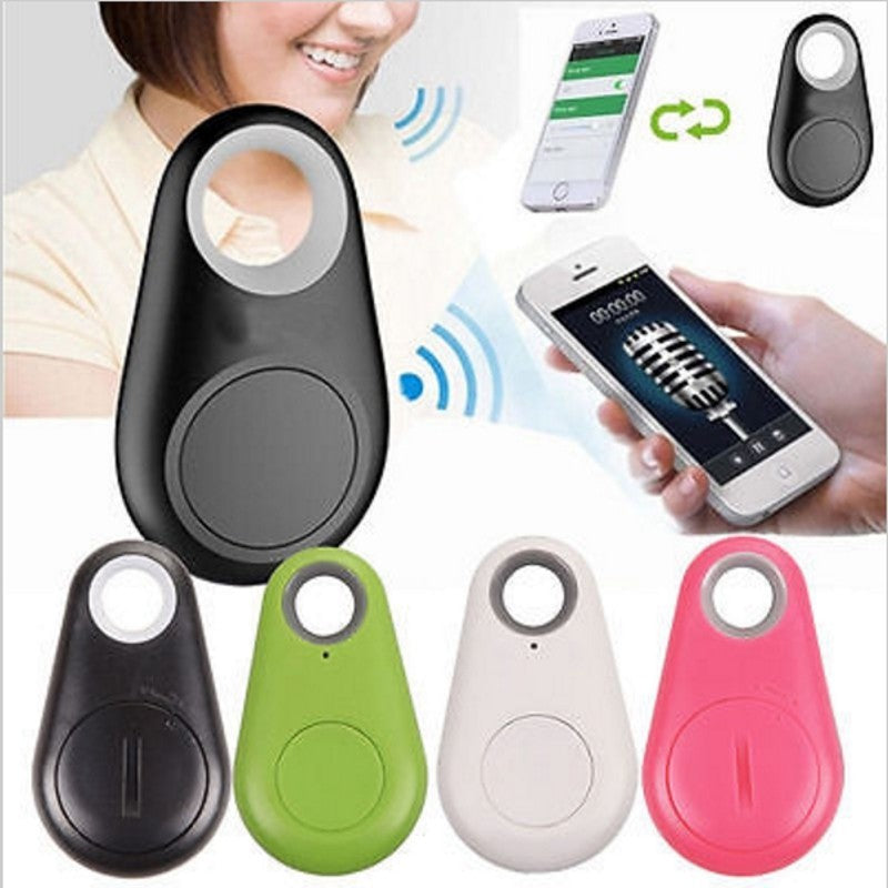 Smart tracking devices in various colors with a smartphone app interface.