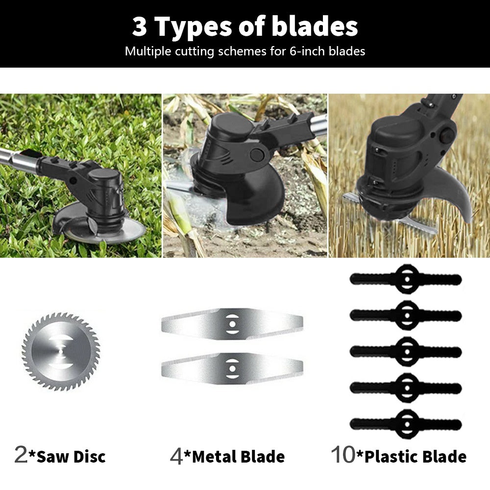 Gardening tool with different types of blades for cutting schemes on a grassy background.