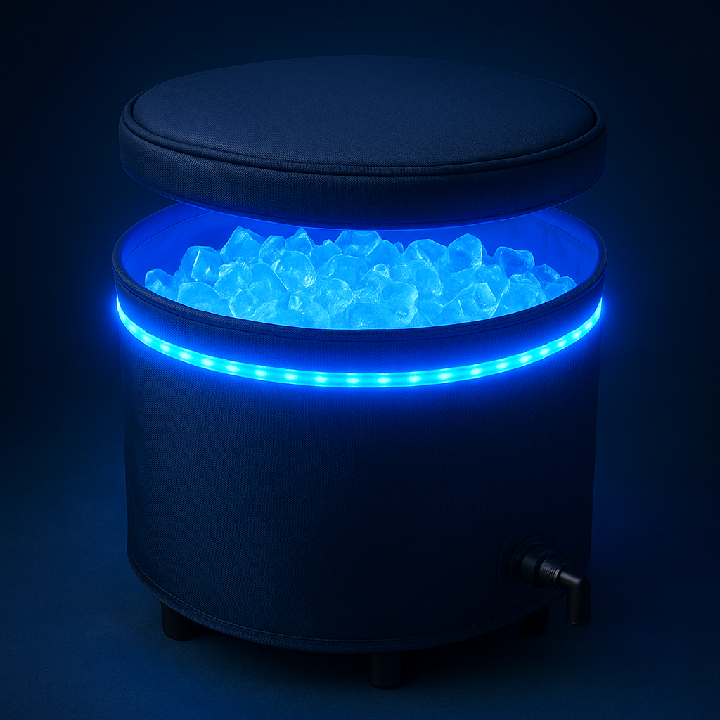A portable round ice bucket with a glowing blue LED light strip, filled with ice cubes, featuring a black lid and drain valve against a dark background.