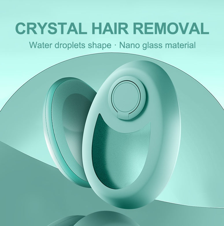 Crystal hair removal device with water droplets shape and nano glass material on a light blue background
