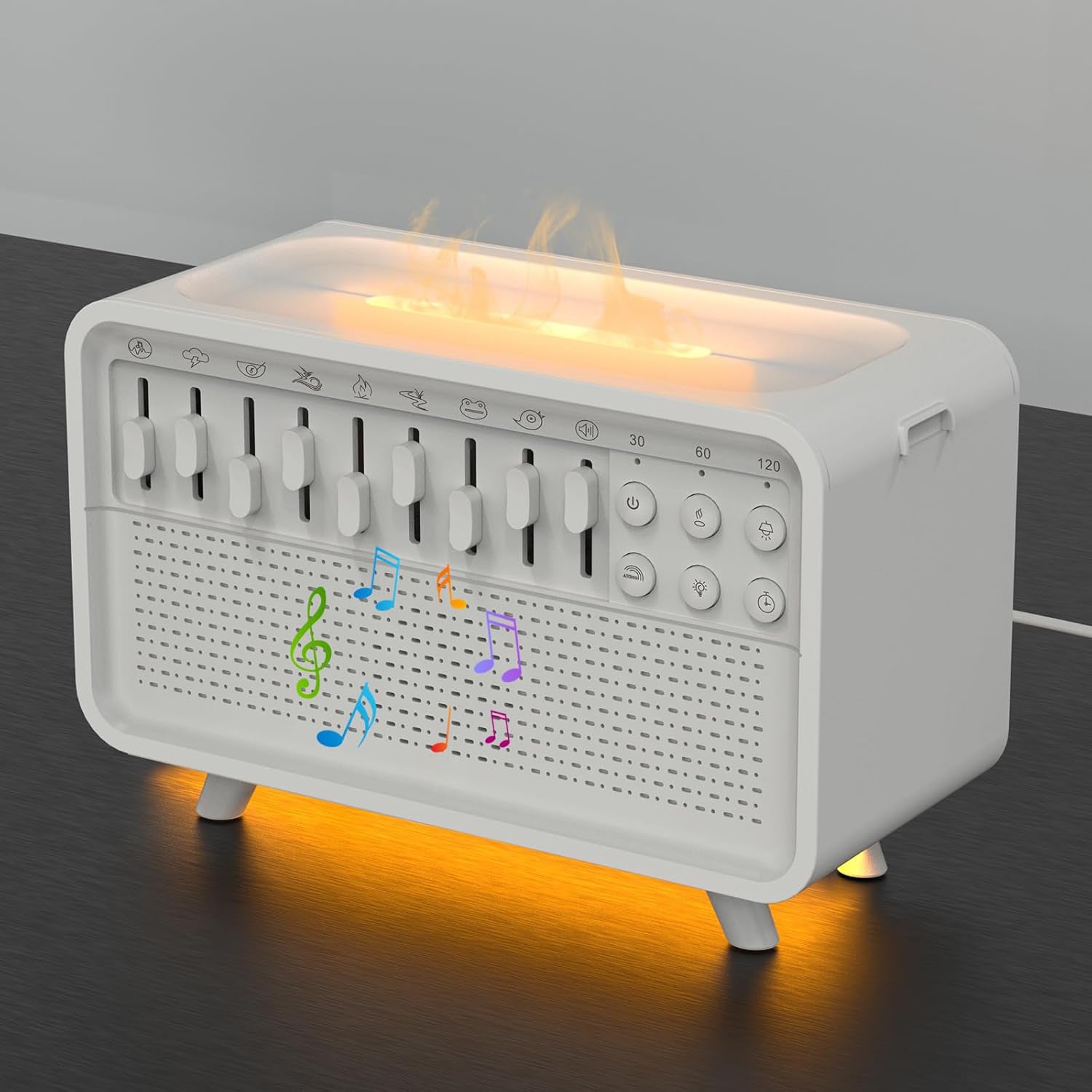 White electronic device with flame effect and musical notes on a dark surface