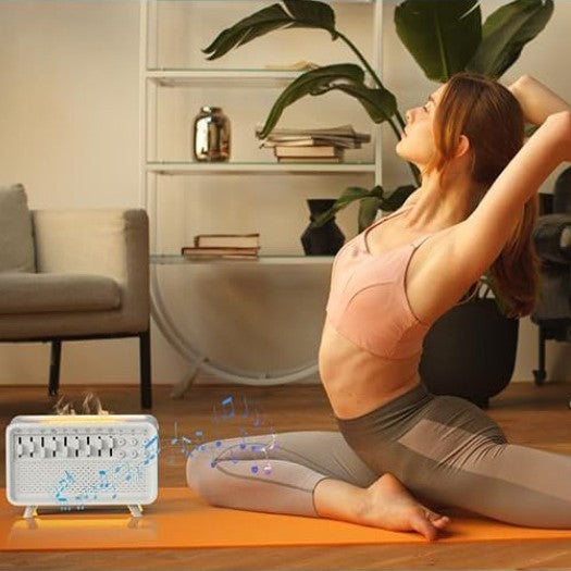 Woman practicing yoga in a living room with a white device emitting sound waves.