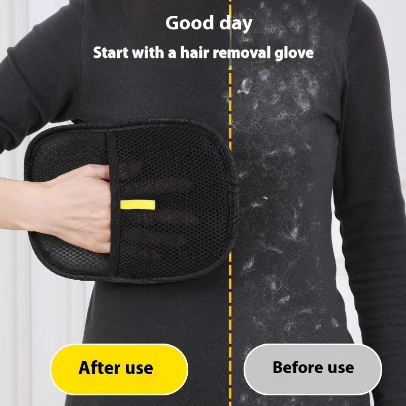 Person holding a hair removal glove with 'Good day' text, showing before and after use on skin.