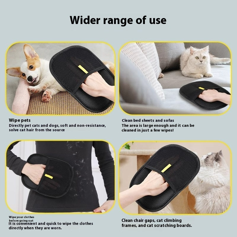 Black pet grooming tool with various uses including cleaning pets, furniture, and clothing.