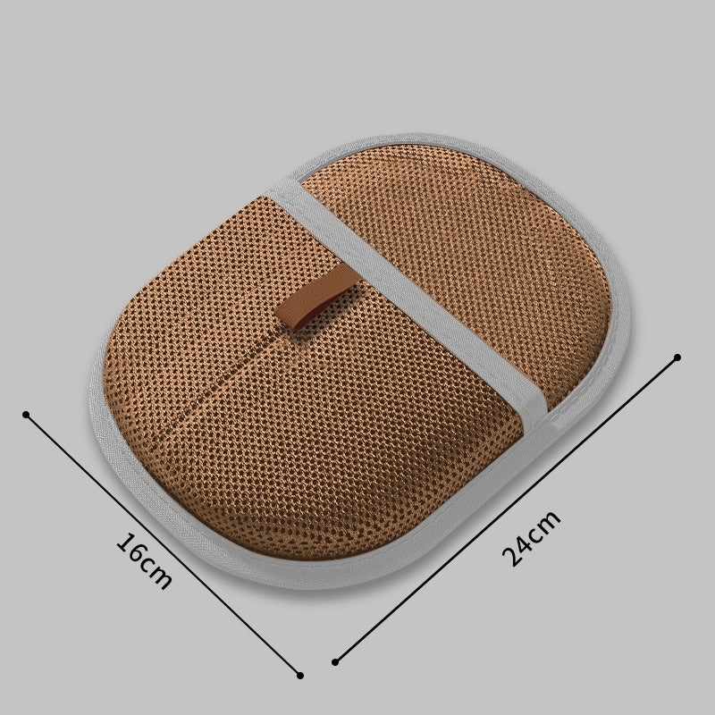 Brown mesh cushion with measurements on a gray background