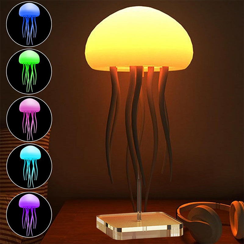 Jellyfish-shaped lamp with color-changing options on a dark background