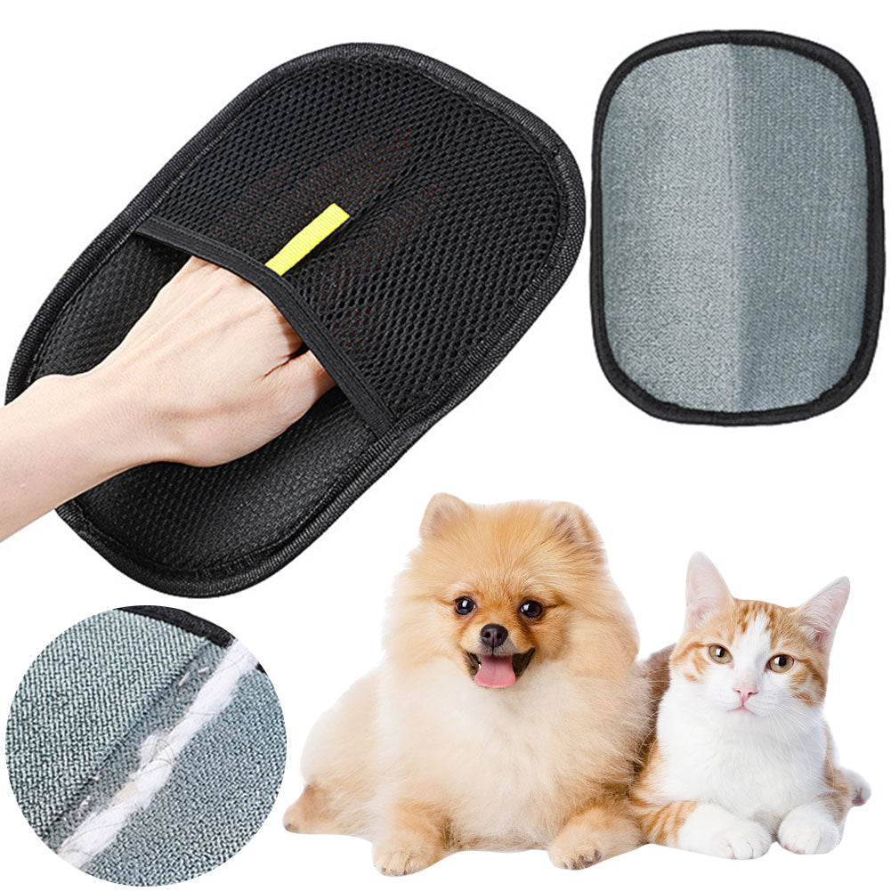 Pet grooming tool with a hand holding it, a close-up of the tool's surface, and two pets sitting together.