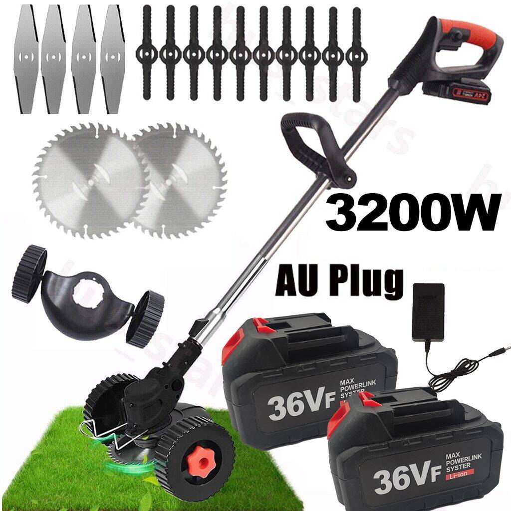 Gardening tool set with attachments and batteries on a white background