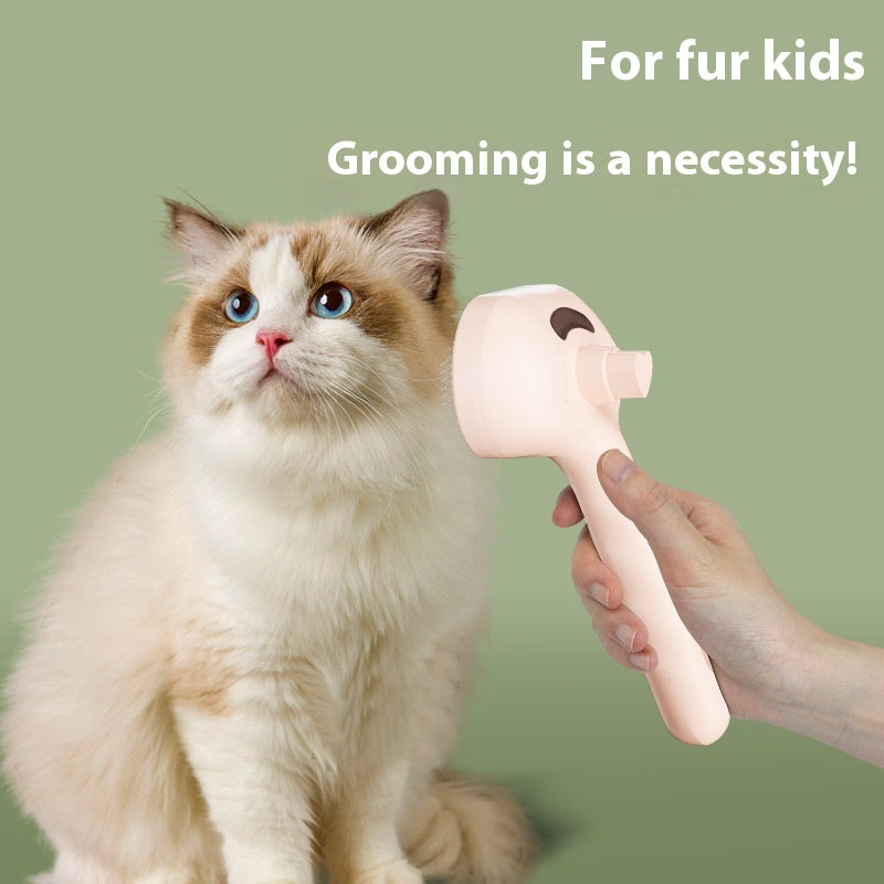 Cat being groomed with a brush, text 'For fur kids Grooming is a necessity!' on a green background