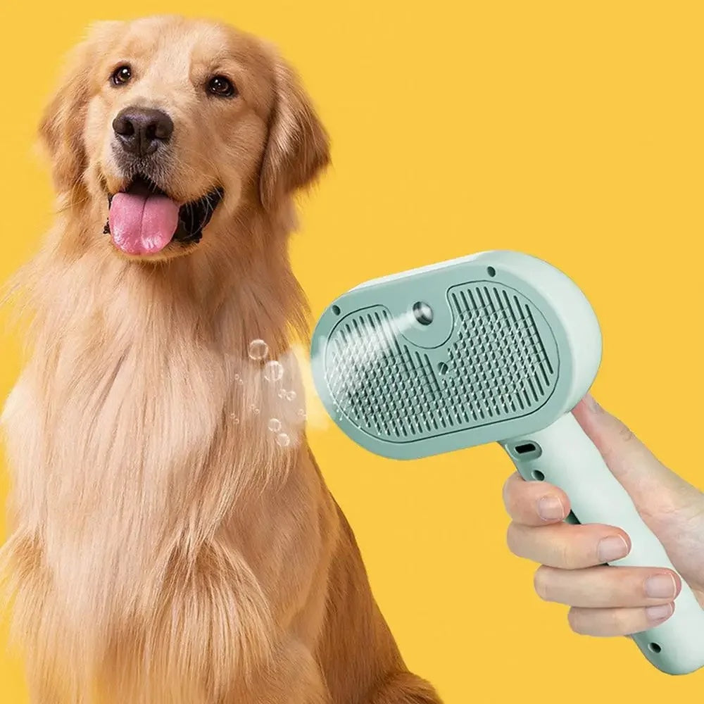 Dog being groomed with a grooming brush against a yellow background