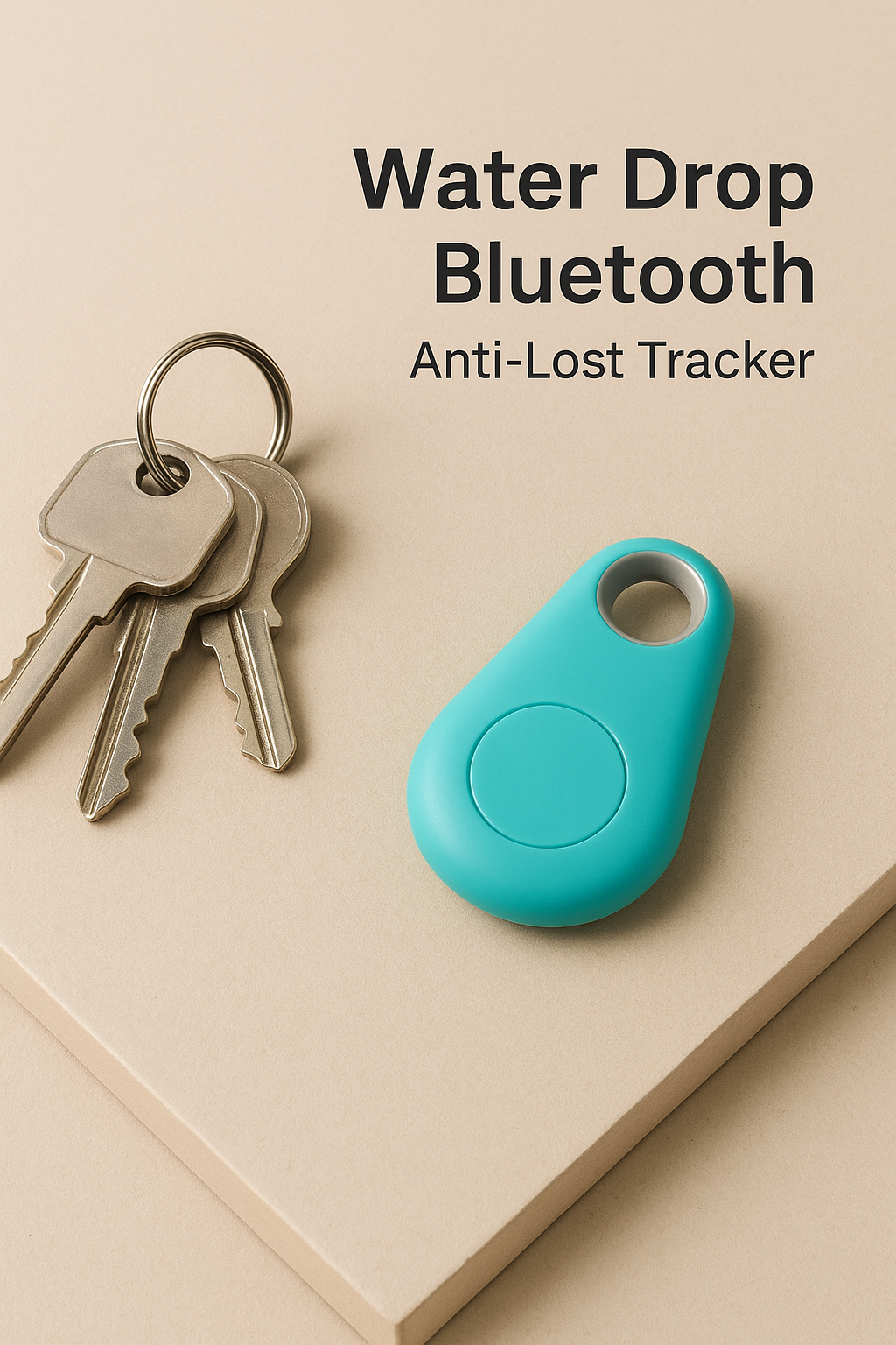Turquoise water drop Bluetooth anti-lost tracker with keys on a beige surface