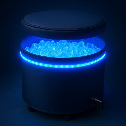 A portable round ice bucket with a glowing blue LED light strip, filled with ice cubes, featuring a black lid and drain valve against a dark background.