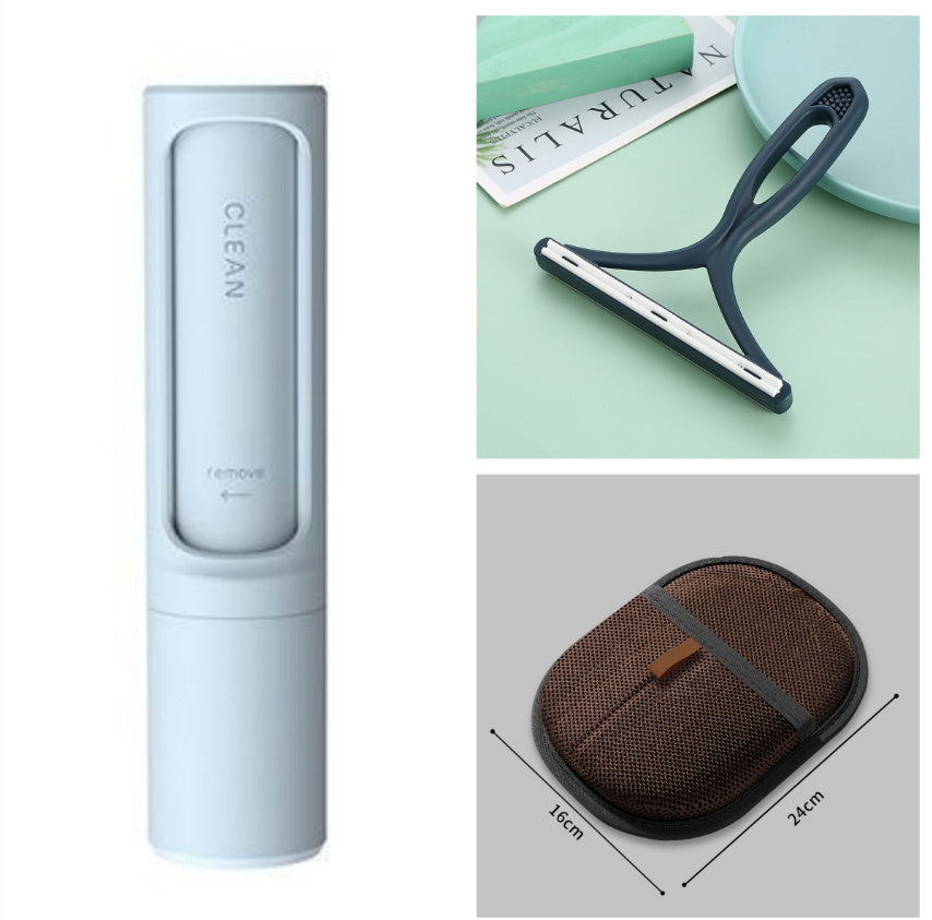Collage of cleaning tools including a squeegee, cleaning device, and a mesh mat with dimensions.