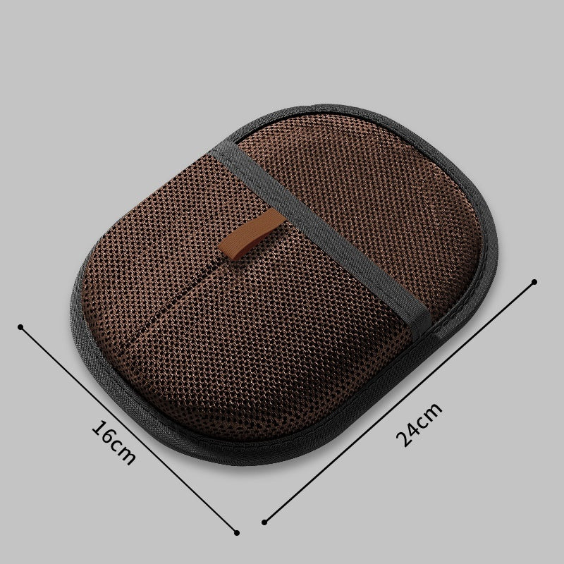Brown mesh pouch with a brown strap on a gray background, showing measurements.