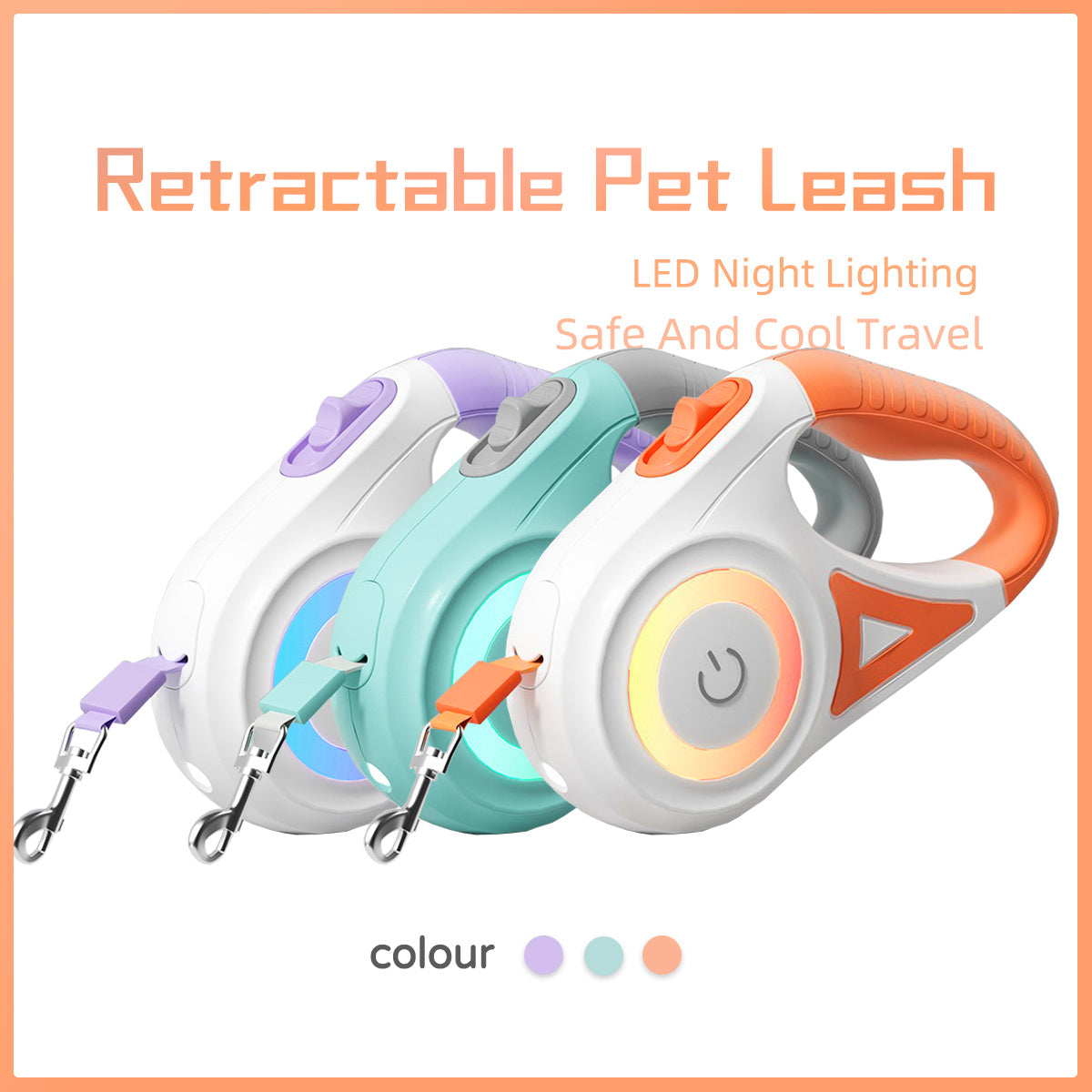 Retractable pet leashes with LED night lighting in various colors on a white background.
