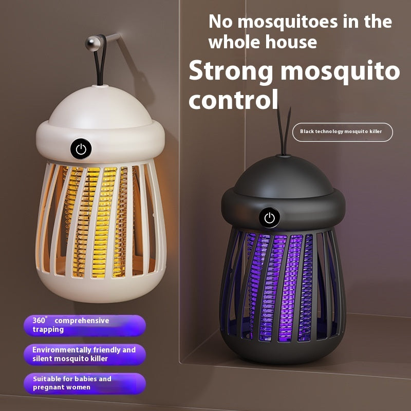 Two mosquito lamps, one white and one black, with text highlighting their features on a brown background.