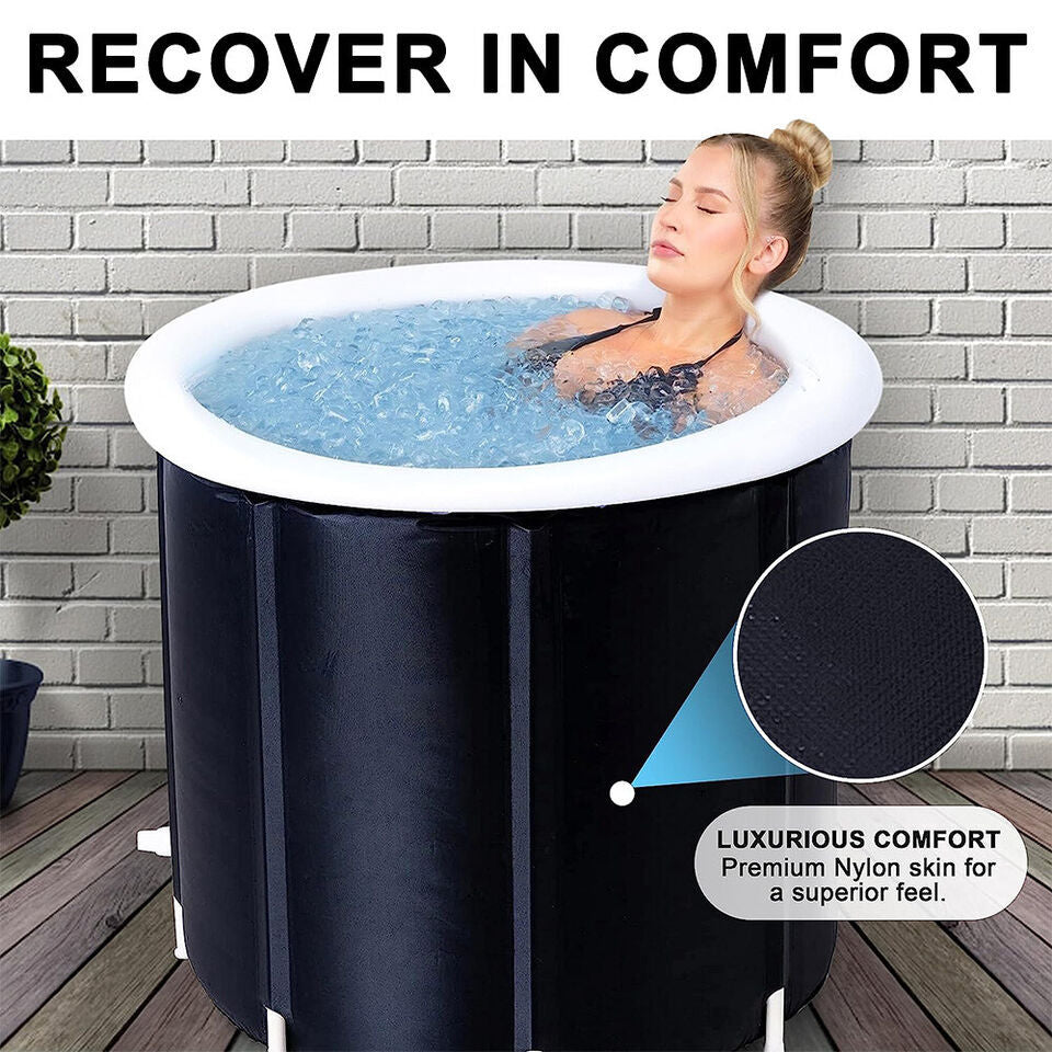 Woman relaxing in a portable hot tub with text 'Recover in Comfort' and 'Luxurious Comfort' on a brick wall background.